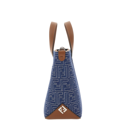 FF Leather Denim Effect FF Jacquard Blue And Brown Small Shopping Bag