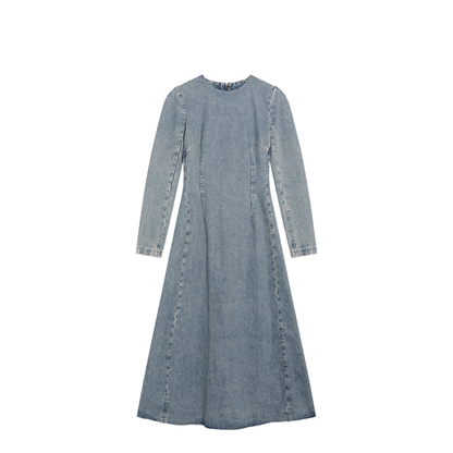 Cup-shoulder denim midi dress in ice blue