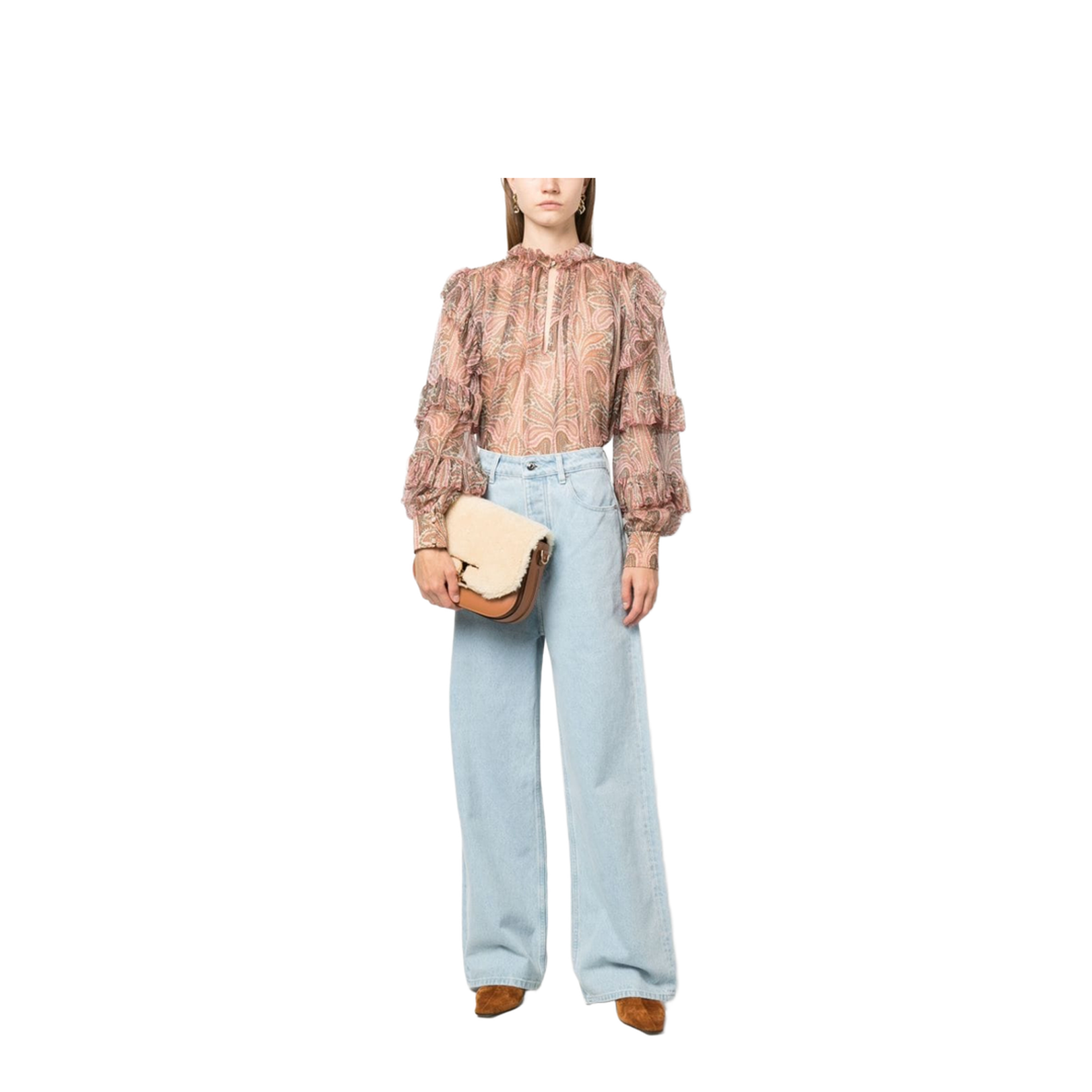 Silk Paisley Print Blouse With Ruffles In Pink