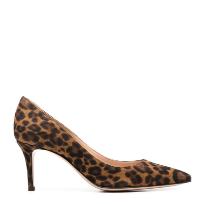 Brown Calf Suede Leopard Print Pumps