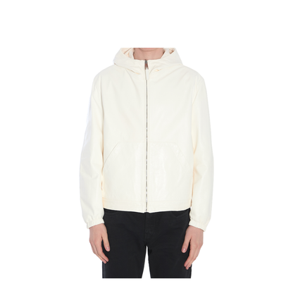 Leather and fabric jacket with reversible hood