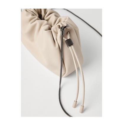 Mellow Beige Crossbody Bag with Drawstring Closure and Chain Shoulder Strap
