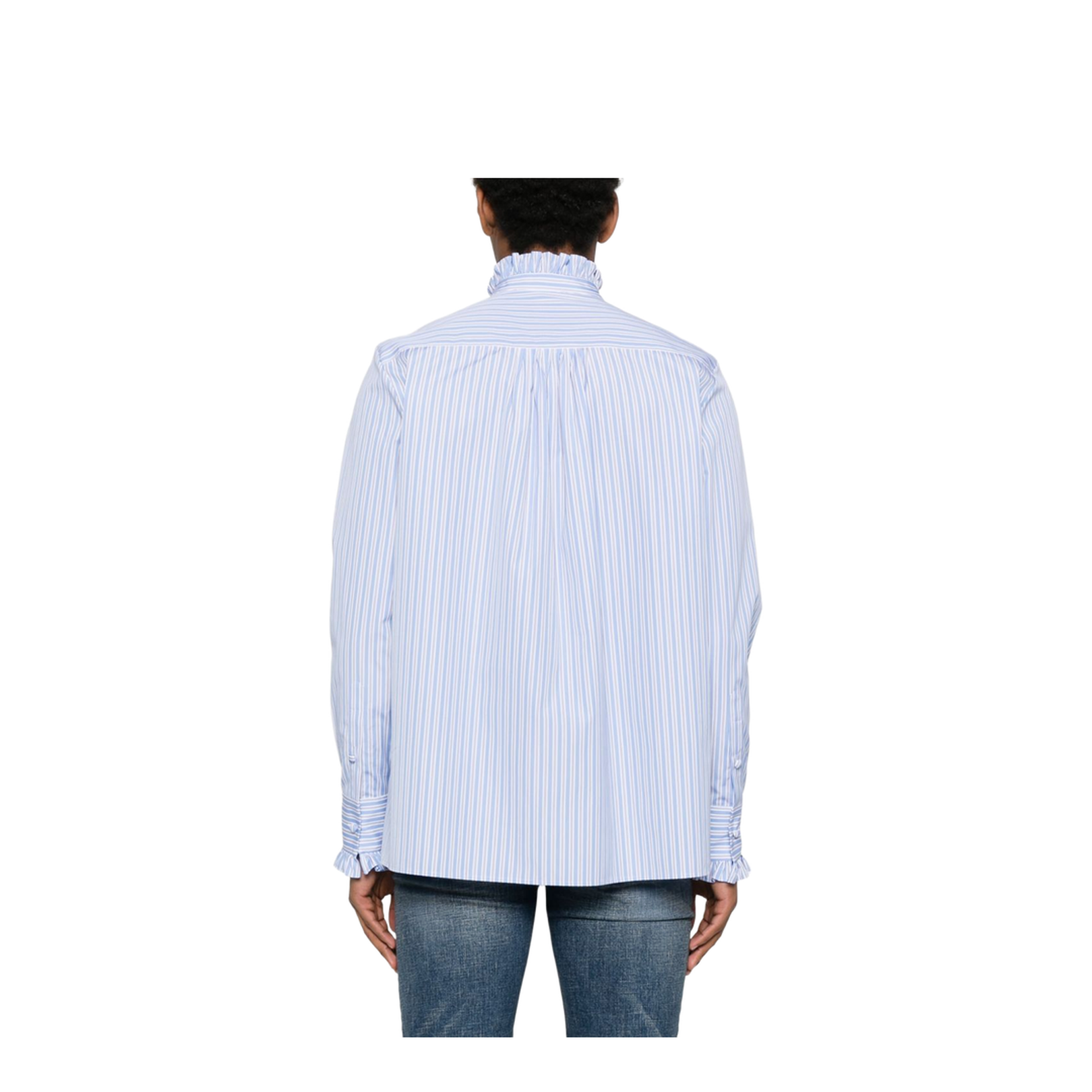 Striped Cotton Shirt With Ruffles - Sky Blue