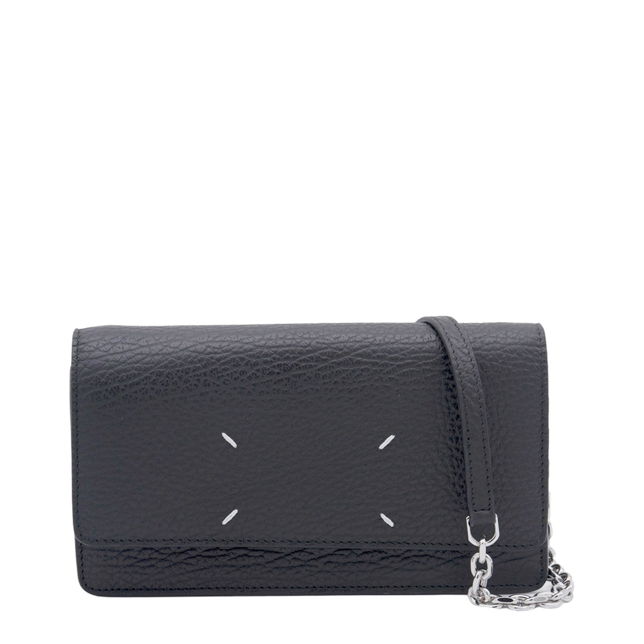 Four Stitches Medium Grainy Calf Leather Chain Wallet - Black