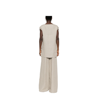 Sand Beige Short Side Slits V-Neck Sleeveless