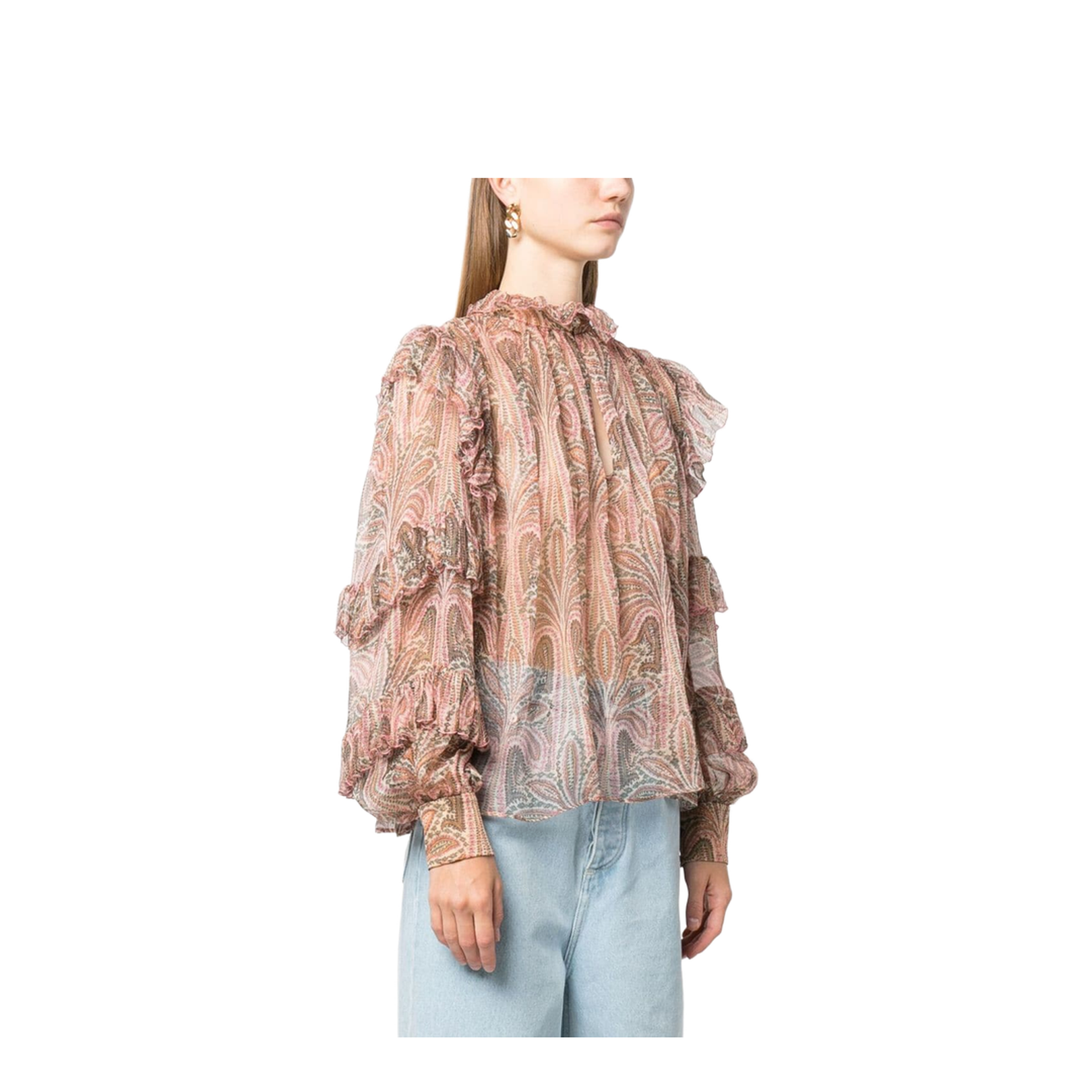Silk Paisley Print Blouse With Ruffles In Pink