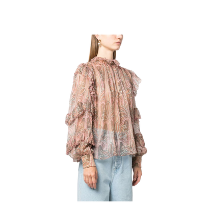 Silk Paisley Print Blouse With Ruffles In Pink