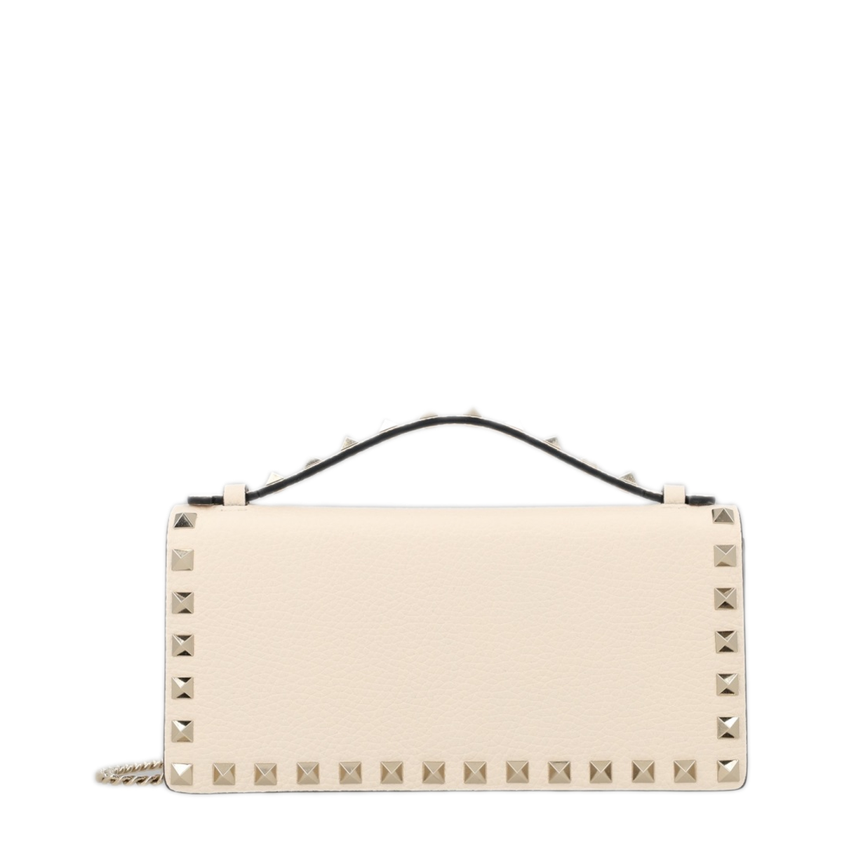 Rockstud Grainy Calfskin Wallet On Chain - Light Ivory