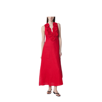 MAYFEYR - Farm Rio - Red Linen Dress With Floral Appliques - 347760COL0028