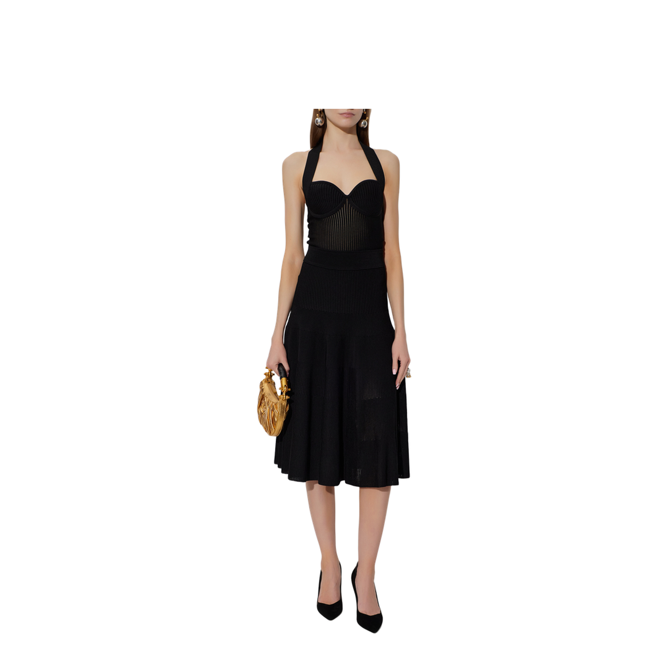 Halterneck Pleated Knit Midi Dress Black