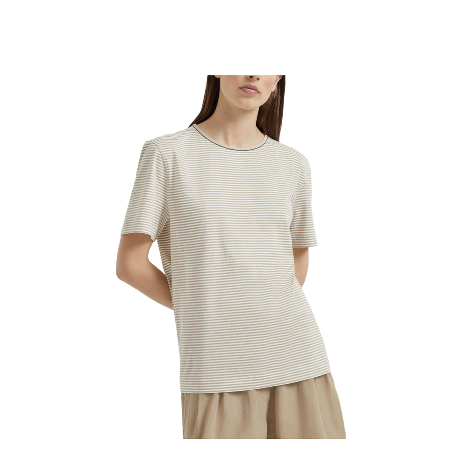 Striped Cotton Jersey T-Shirt with Shiny Neck Detail