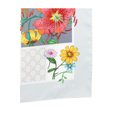 Printed Silk Twill Carré in Light Grey and Multicolour