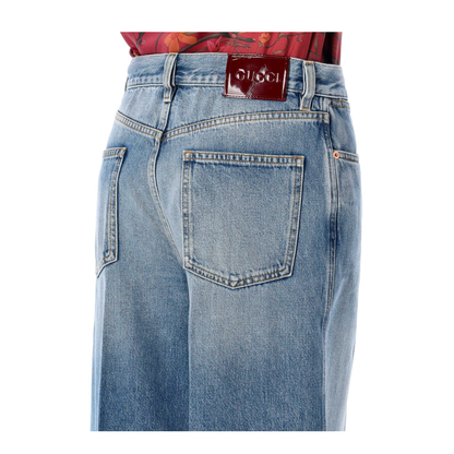 Wide Leg Denim Pants in Light Blue