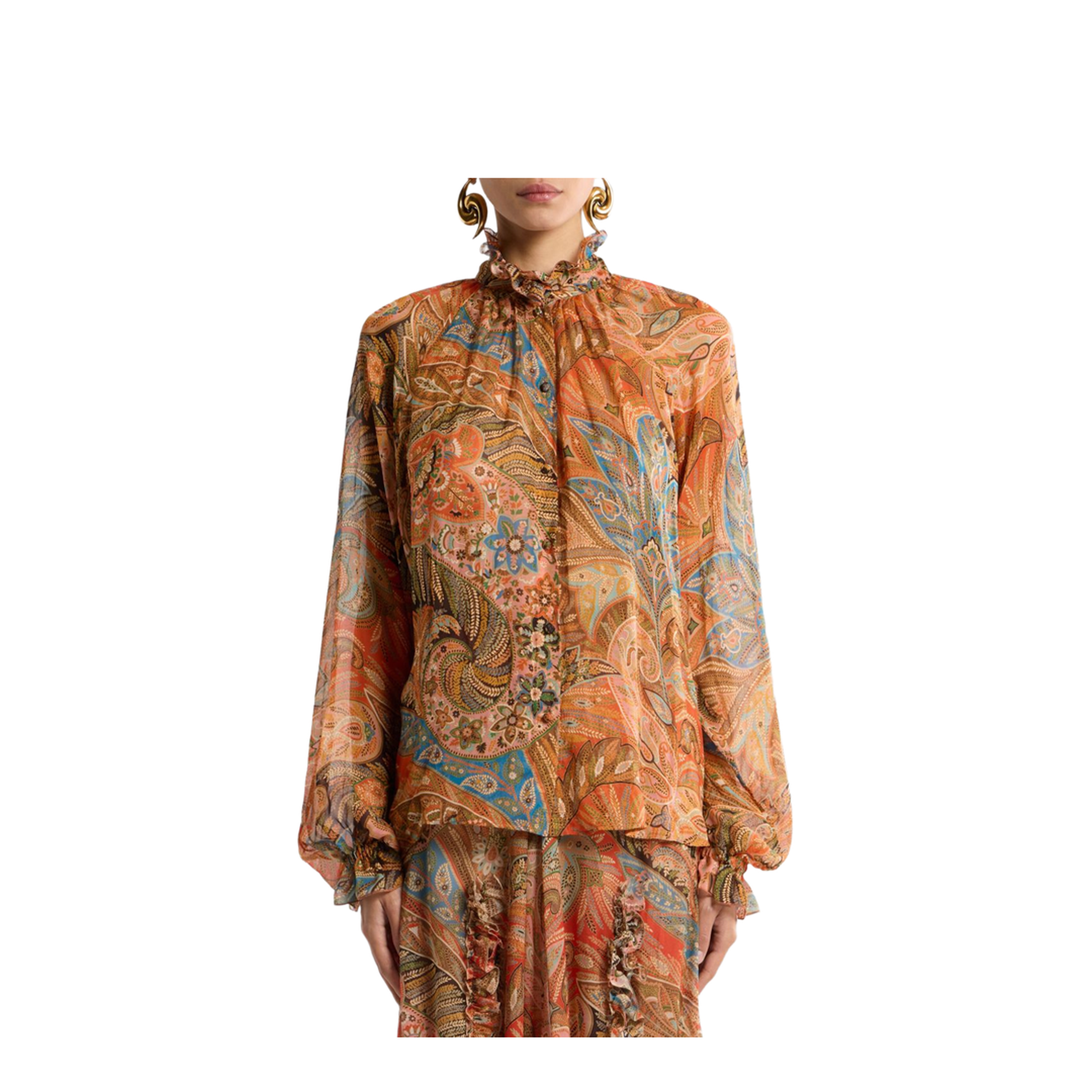 Silk Shirt with Ruffles and Paisley Motif
