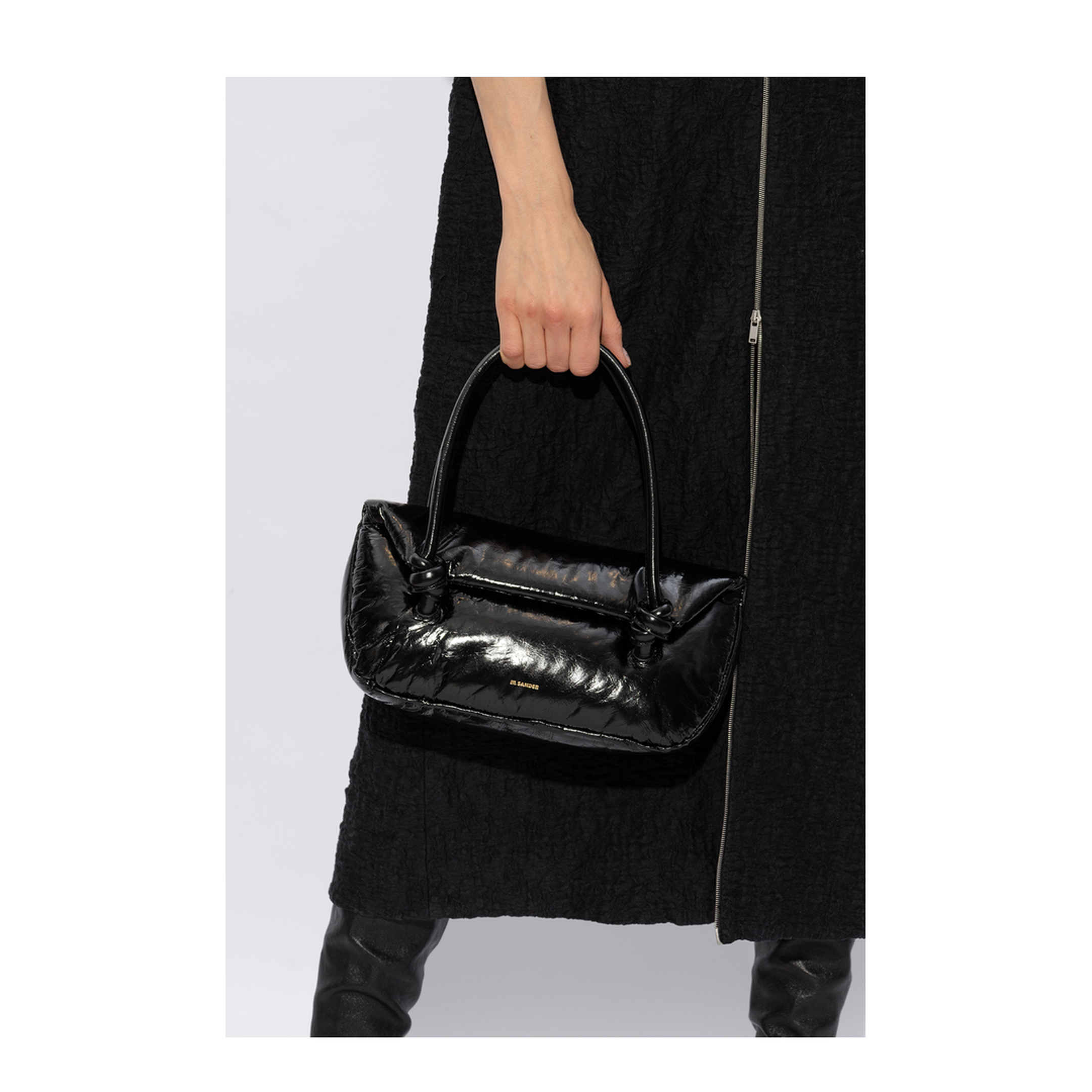 Knot Small Black Shoulder Bag With Laminated Logo In Patent Leather