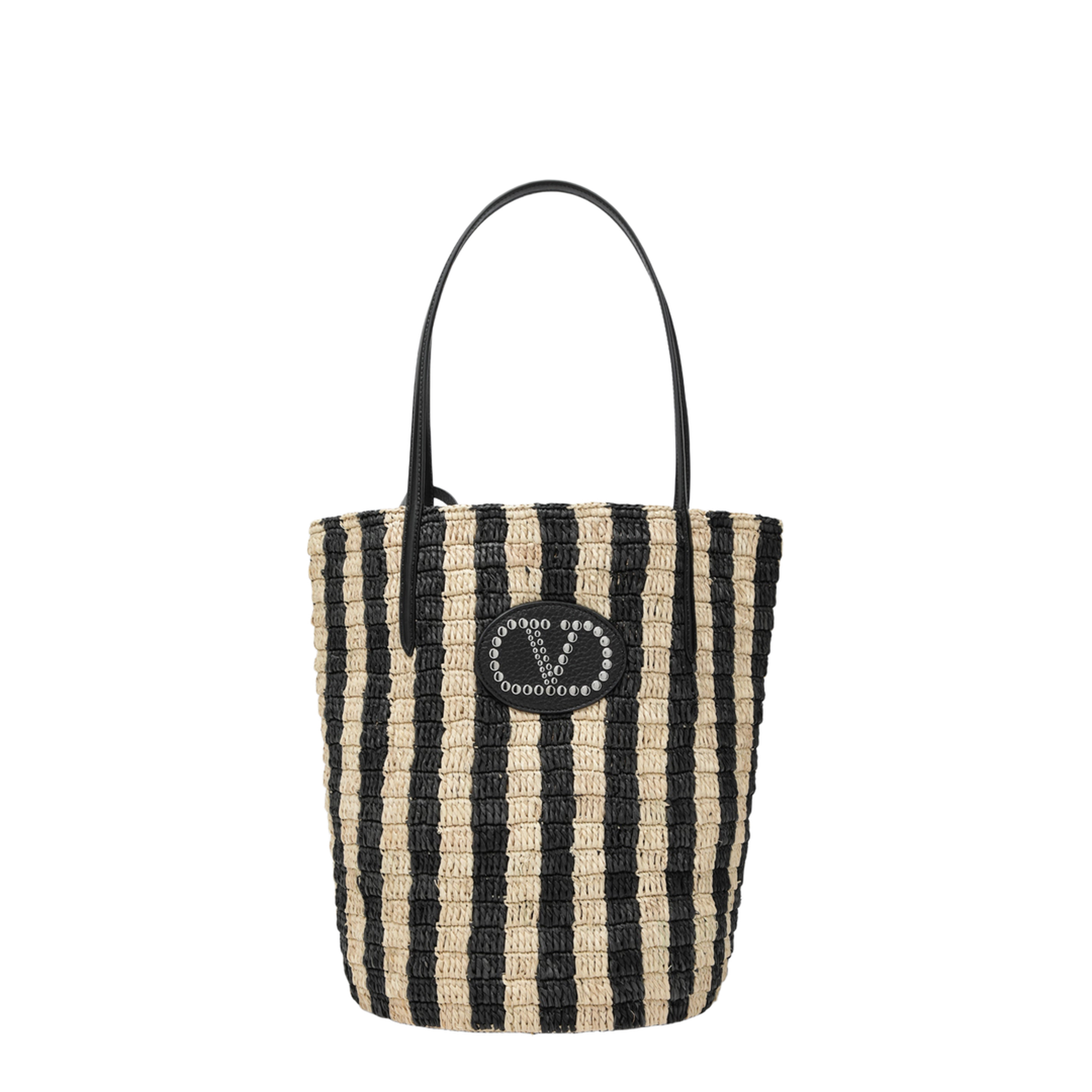 Striped Shoulder Bag in Raffia and Leather