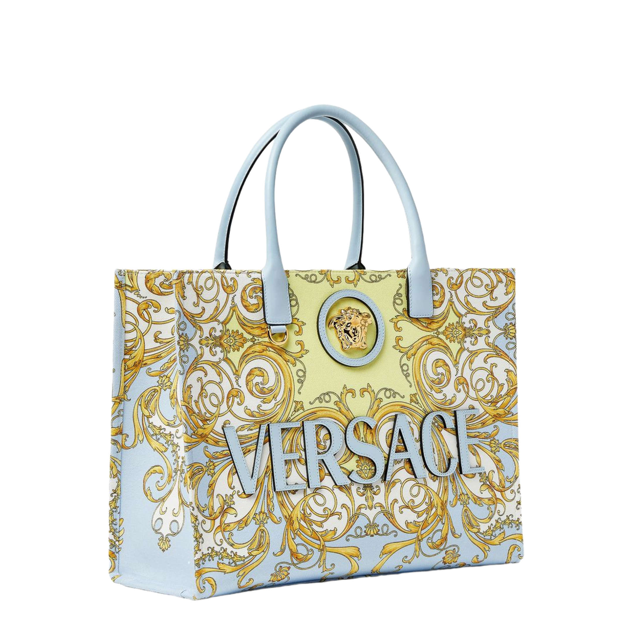 La Medusa Printed Large Canvas Tote - Light Blue+Gold
