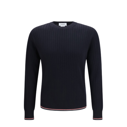 MAYFEYR - Thom Browne - Crewneck Cotton Knit Sweater With 4 Bar Detail - MKA585AY1055415