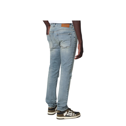 MAYFEYR - Amiri - Mx1 Distressed Flannel-Patched Jeans In Medium Indigo - AMBMJE1152DE497