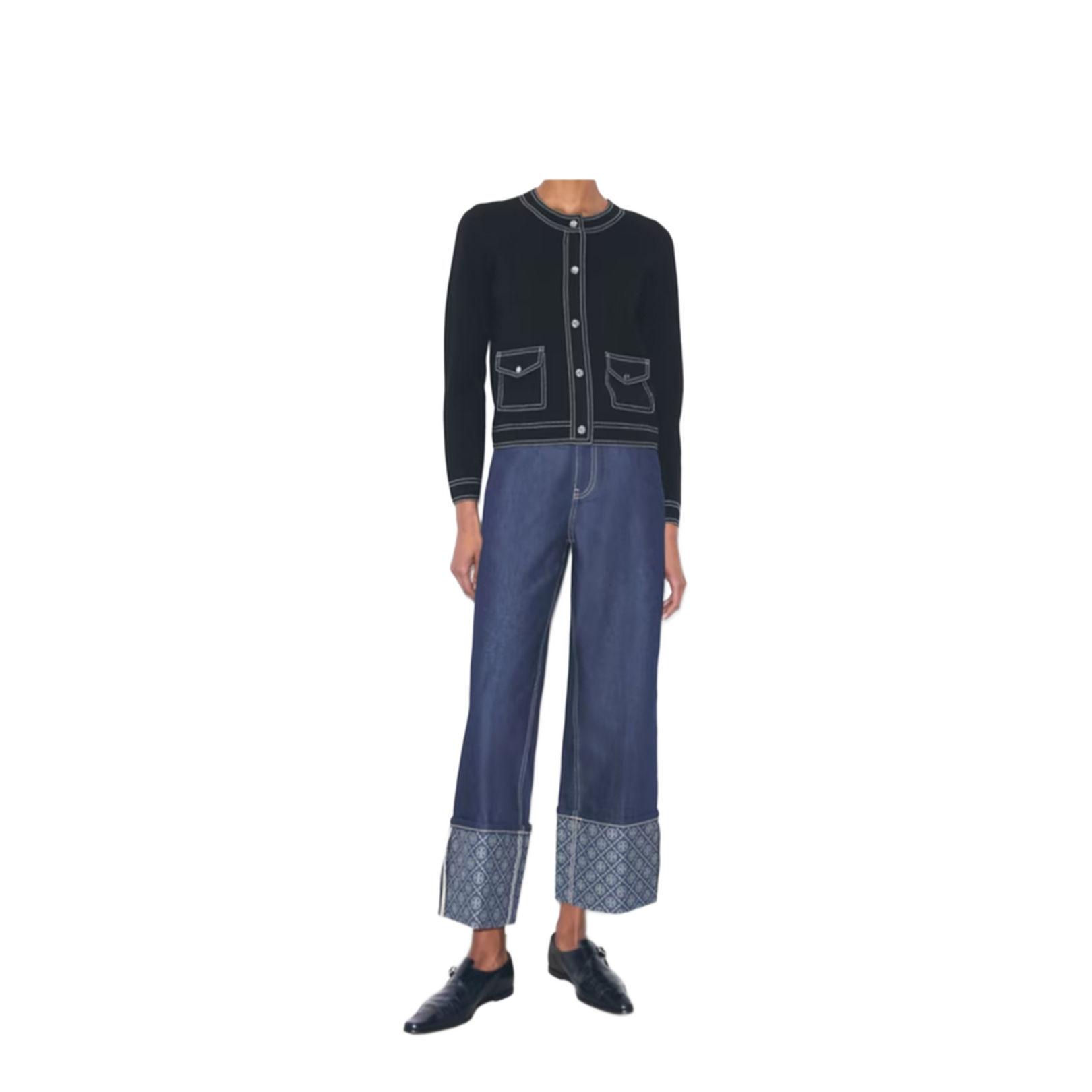 Wool Cardigan with Contrast Stitching