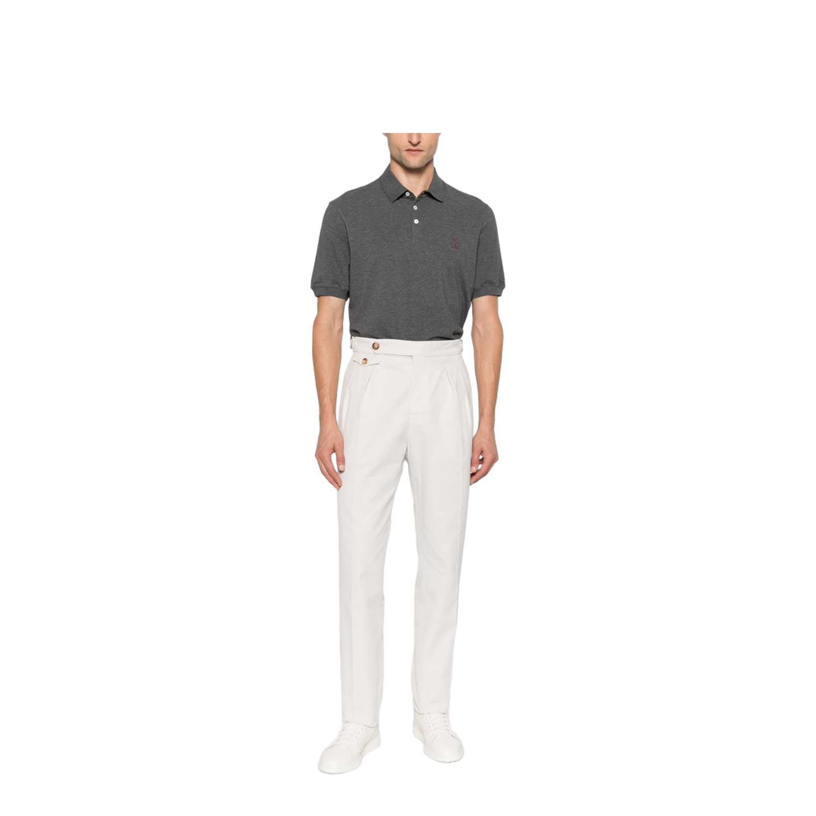 Grey Short Sleeves Polo Collar Button Fastening Embroidered Logo Cotton