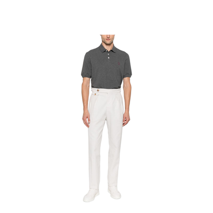 Grey Short Sleeves Polo Collar Button Fastening Embroidered Logo Cotton