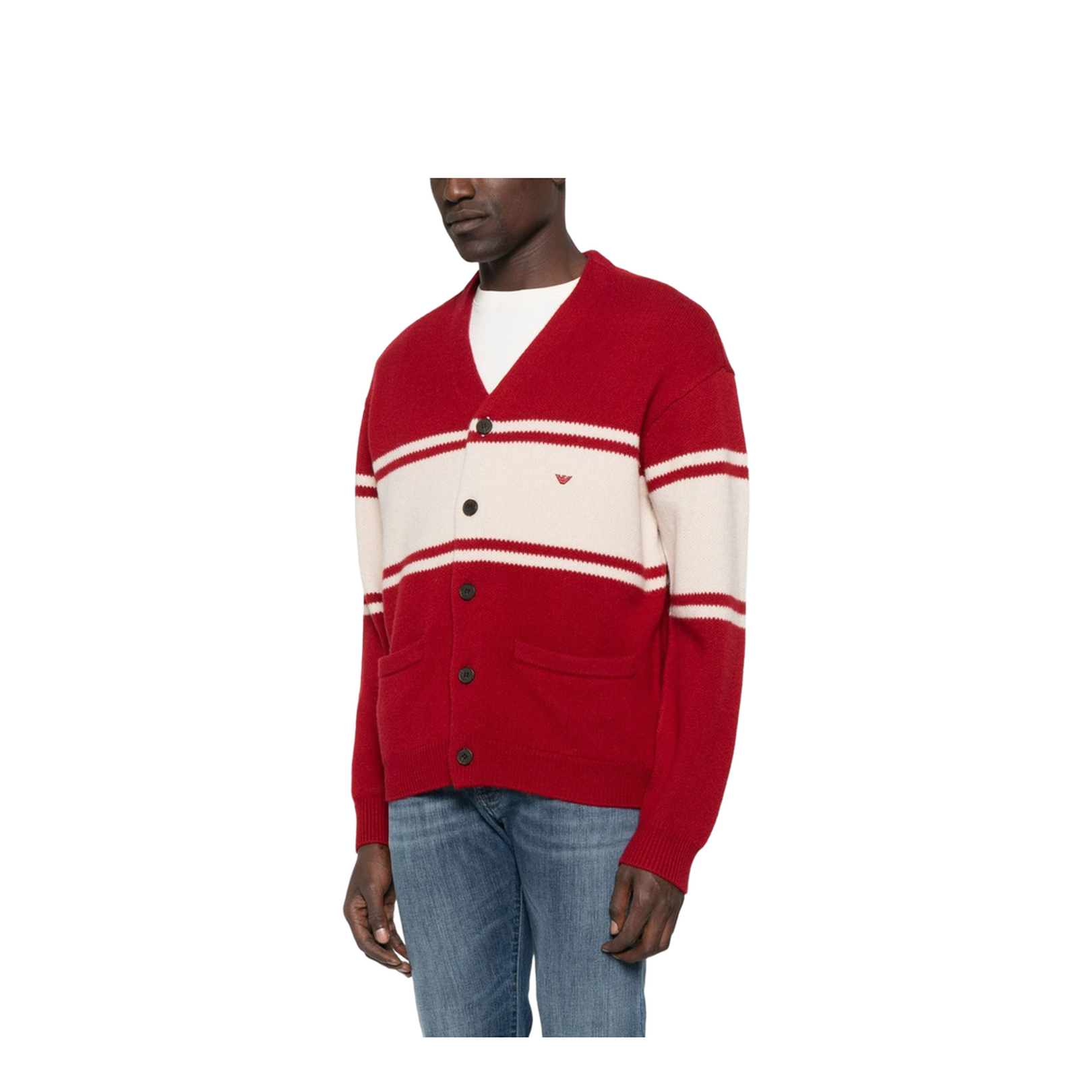 Red Horizontal Stripes Button Fastening V-Neck Patch Pocket Embroidered Logo