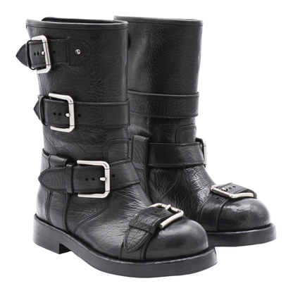 Black leather boots with straps