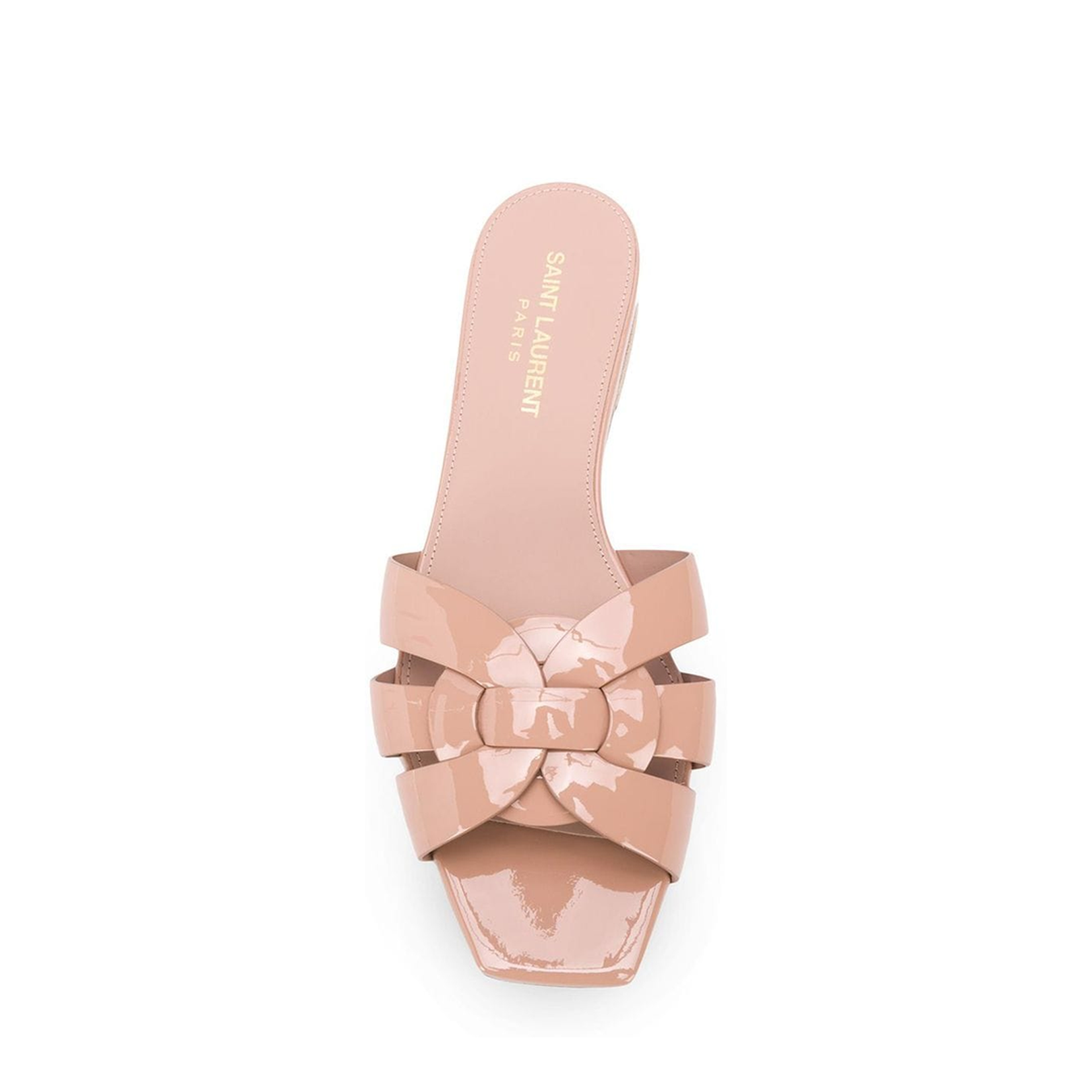 Powder Pink Leather Patent Finish Square Open Toe Multi-Way Strap Design Flat Sole Slip-On Style