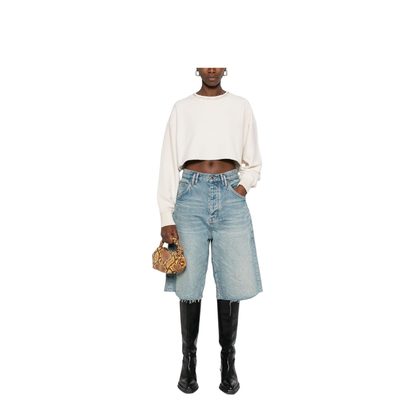 Cream Cotton Cropped Sweatshirt with Crystals