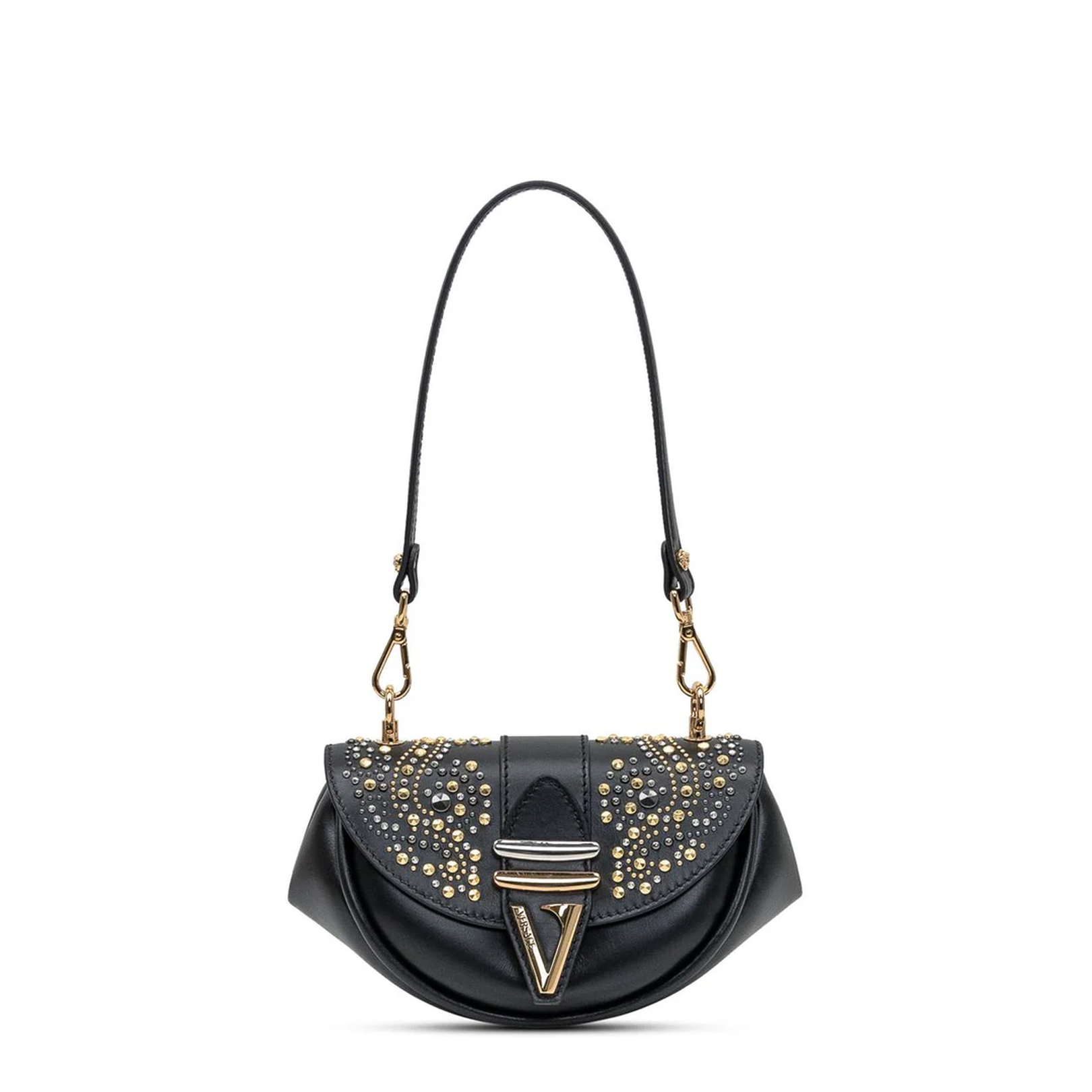 Black Leather Shoulder Bag with Stud Applications