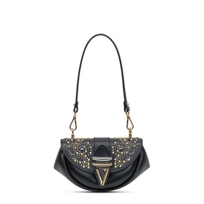 Black Leather Shoulder Bag with Stud Applications