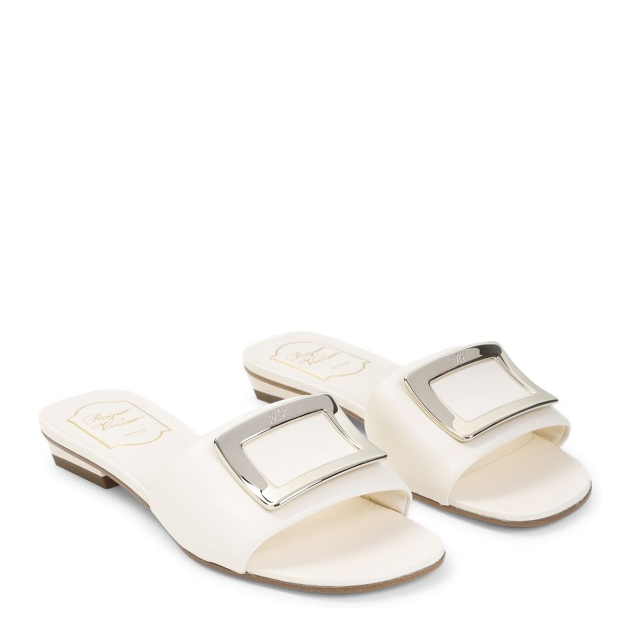 Square Buckle Leather Slides White