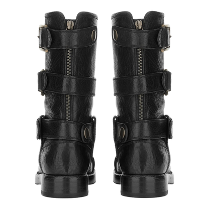 Black leather boots with straps