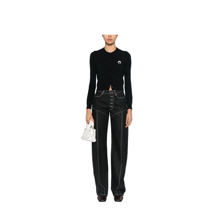 Crescent Moon Embroidery Crew Neck Long Sleeves Front Button Fastening Ribbed Cuffs and Hem