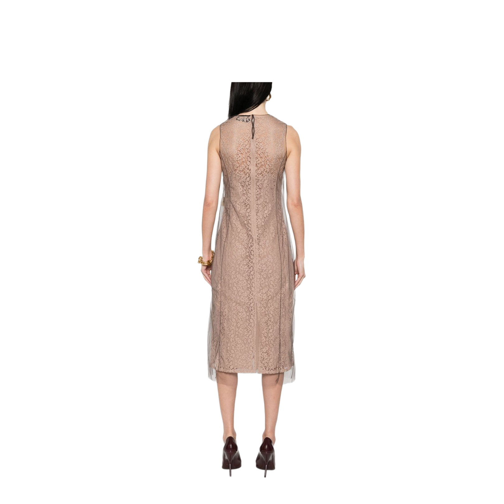 Concealed Rear Hook and Zip Fastening Internal Slip Dress with Tulle Overlay and Rear Slit