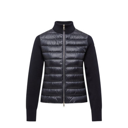 Navy Blue Padded Wool Zip-Up Cardigan