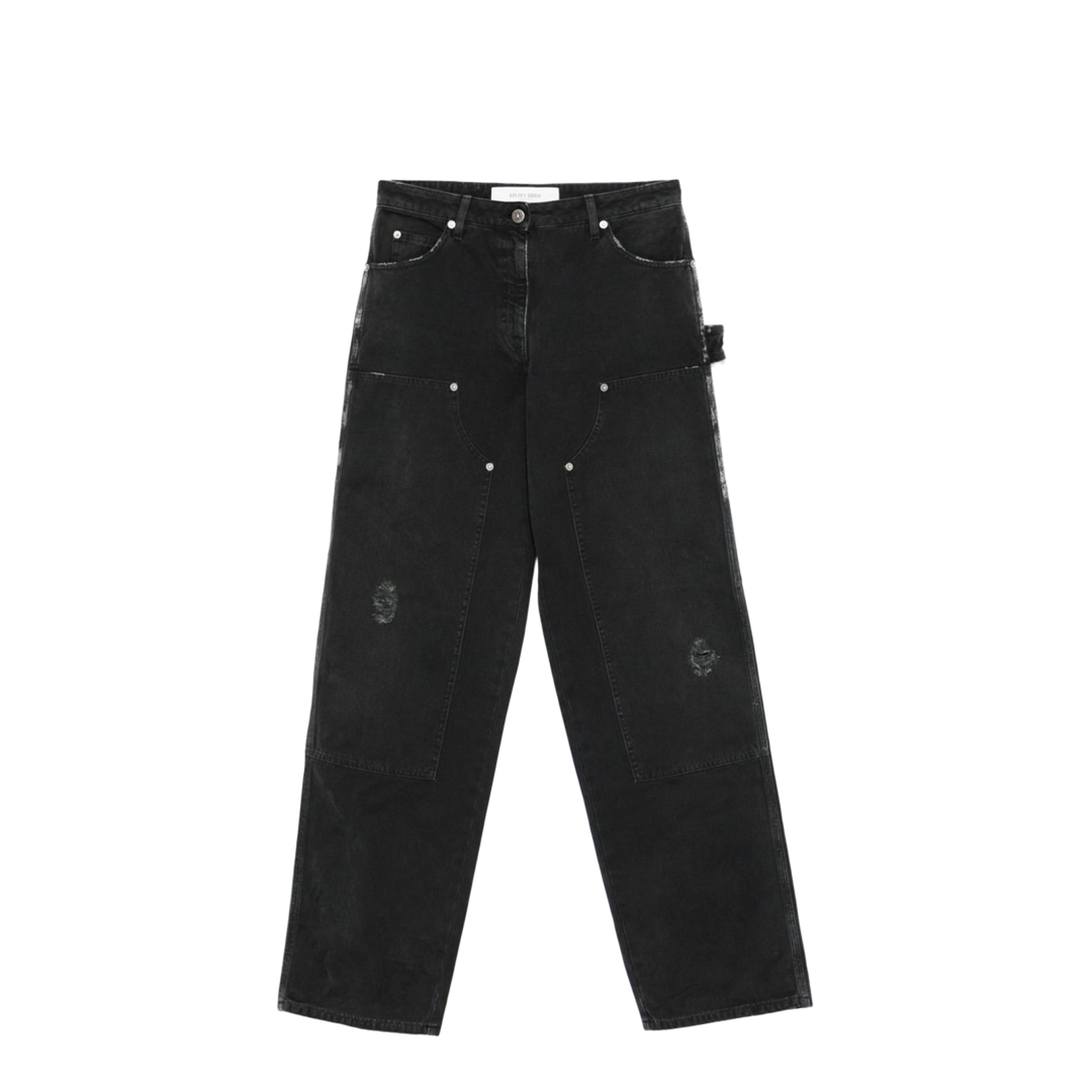 Distressed Black Cotton Jeans with Front Patches