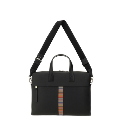 Black Leather Folio Bag with Signature Stripe Edges