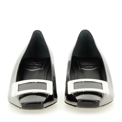 black calfskin pumps with buckle and wide heel