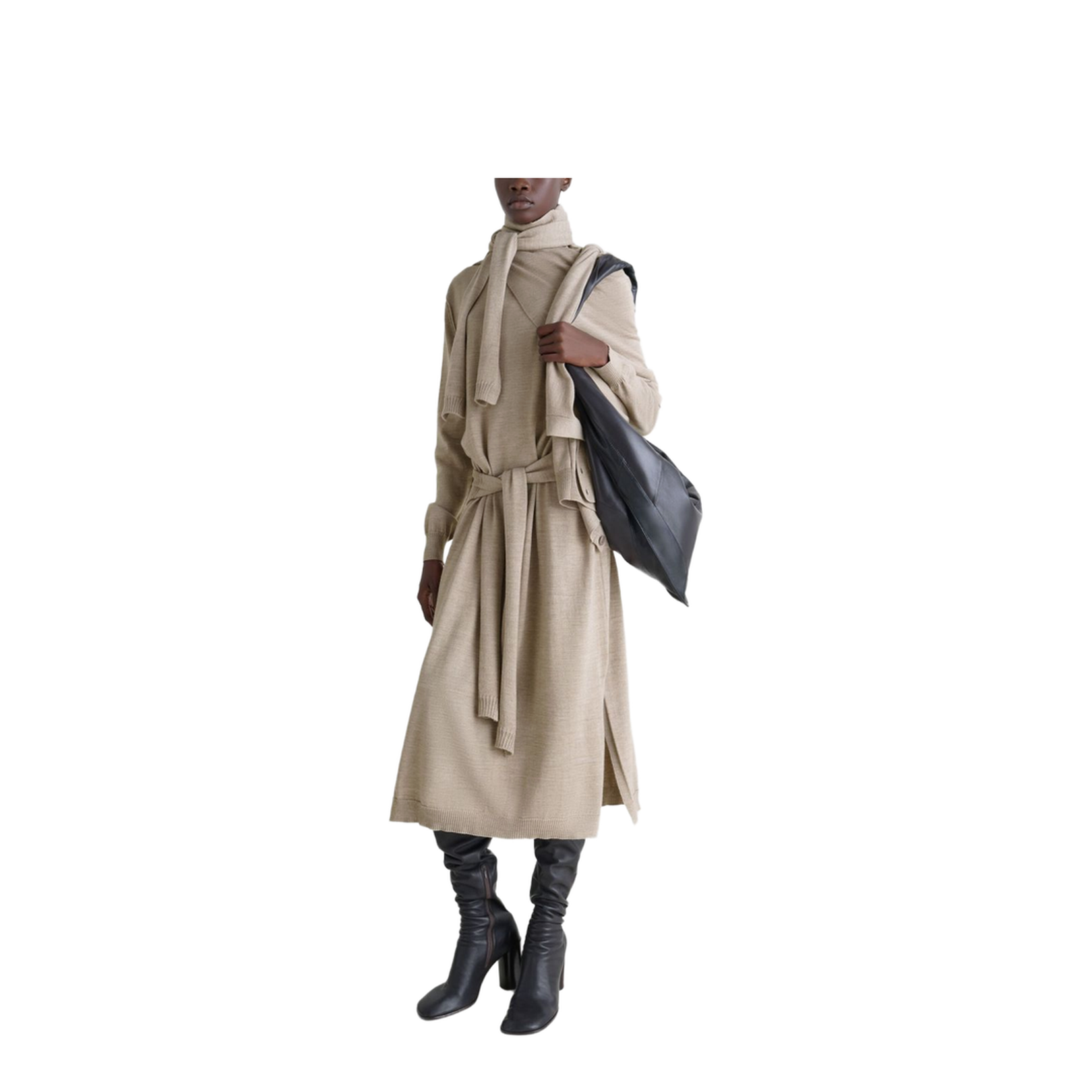 Light Taupe Turtleneck Neckline Tie Fastening Long Sleeves Side Slits Rib-Knit Trim