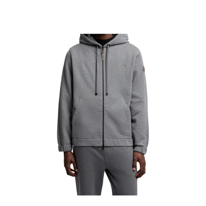 Dark Gray Leather Logo Cotton Blend Zip-Up Hoodie