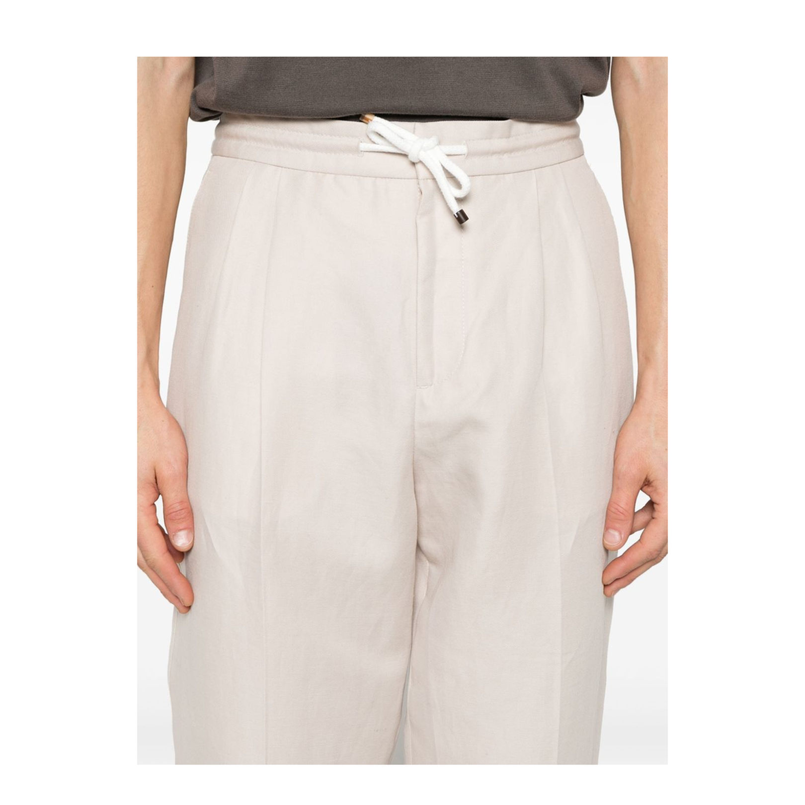 Leisure Fit Trousers in Linen and Cotton Gabardine with Drawstring and Double Darts