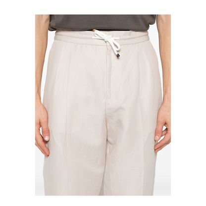 Leisure Fit Trousers in Linen and Cotton Gabardine with Drawstring and Double Darts