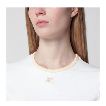 MAYFEYR - Courreges - White Orange Contrast Cotton Crew Neck T Shirt - 125JTS017JS0203B256