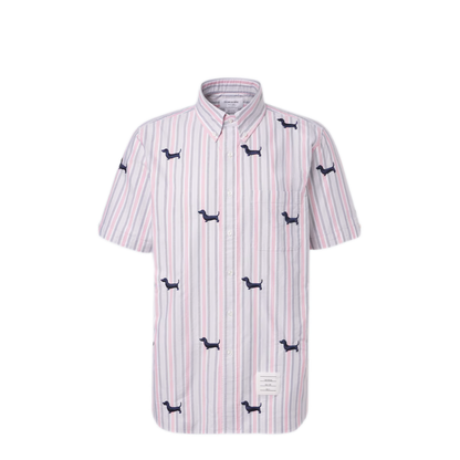MAYFEYR - Thom Browne - Straight Fit Bd S/S Shirt With Satin Stitch Half Drop Hector In 4 Bar Repp Stripe Oxford - MWS239EE1489960