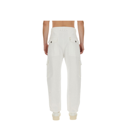 White Cargo Pants Silver Logo Plate