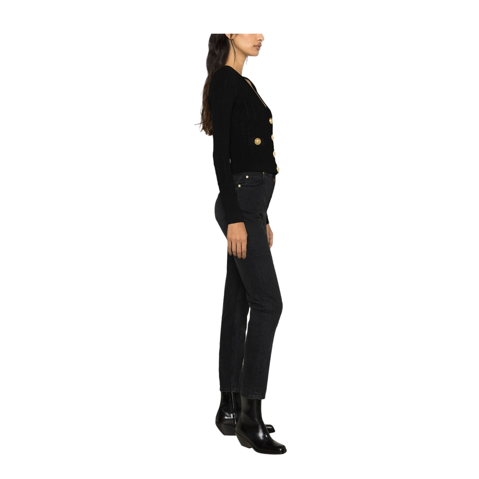 Black Knitted Sweater with Gold-tone Buttons