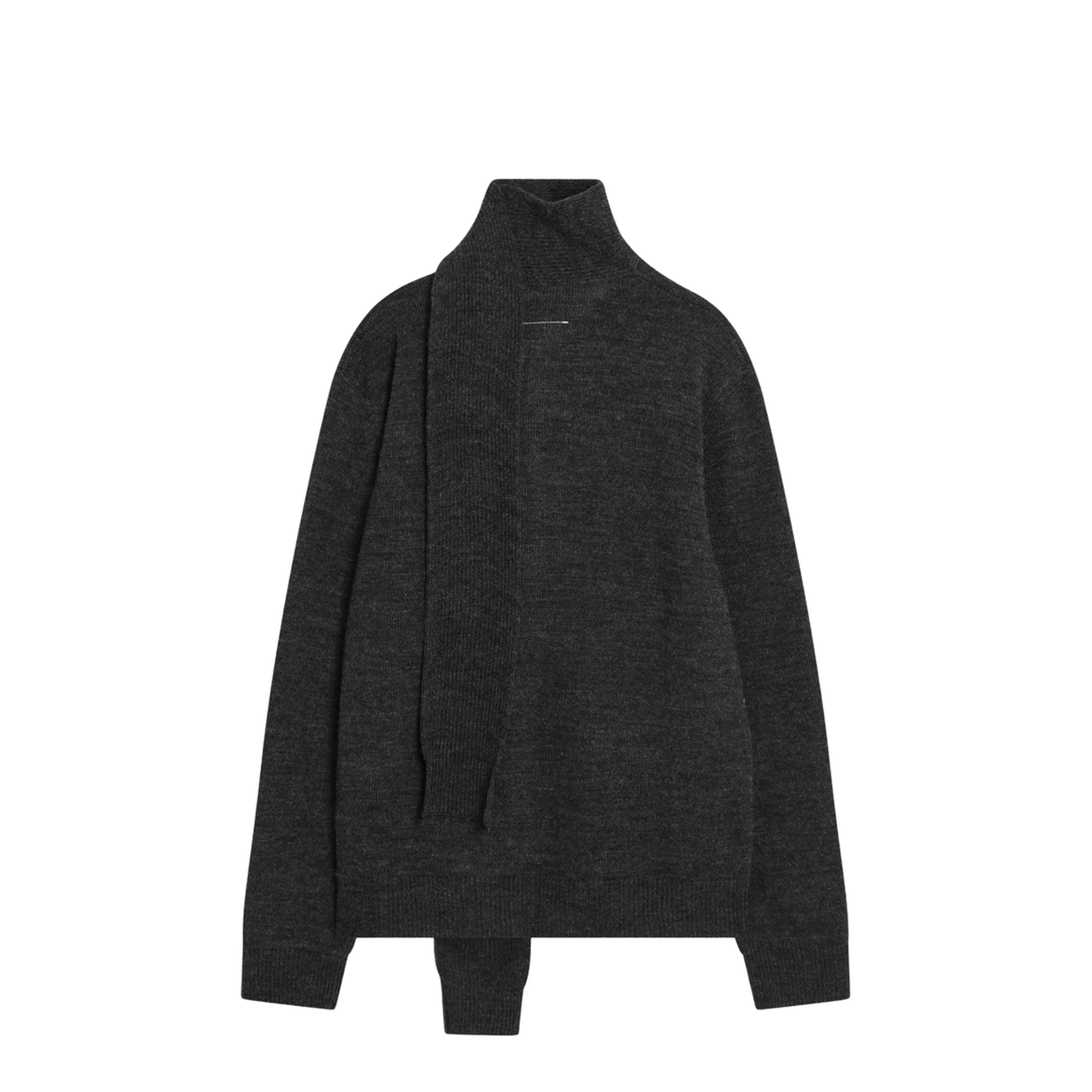 Grey Wool-Blend Cardigan with Scarf