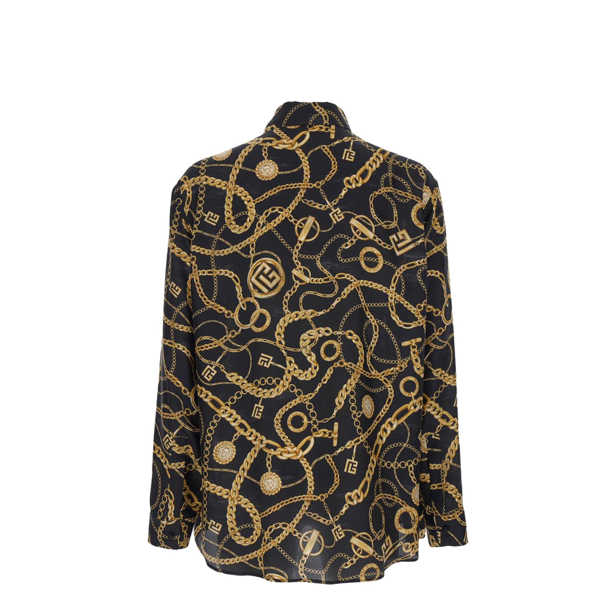 Black Shirt Pointed Collar Chain Print Logo Silk